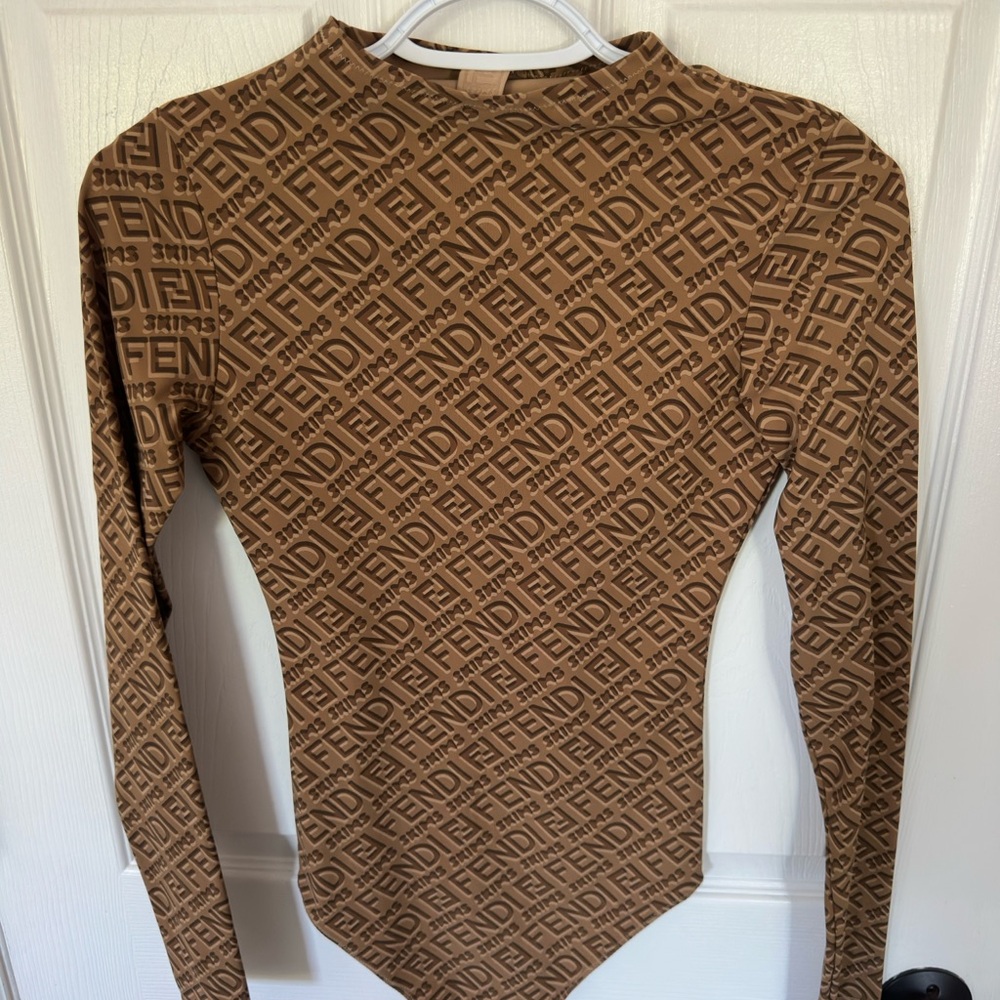 SKIMS Fendi Brown Logo Long Sleeve Bodysuit